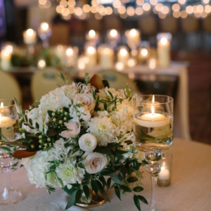 centerpieces at wedding reception in new orleans with white and green color palate by kim starr wise floral events
