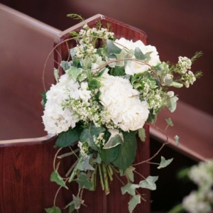 kim starr wise pew markers bouquets of green ivy hydrangea stock