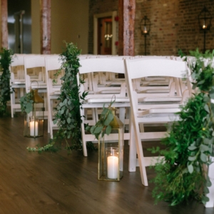 Floral Decor with eucalyptus foliage chair markers for Wedding Ceremony Aisle for fall wedding in new orleans by kim starr wise floral events