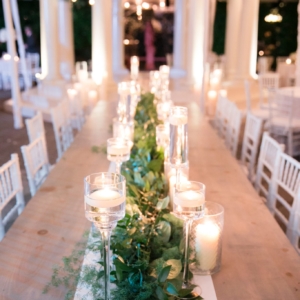 guest table decorated with greenery garland st charles avenue wedding new orleans louisiana elms mansion blush ivory and white flowers southern wedding, winter wedding, outdoor wedding rain plan clear top tent floral decor by kim starr wise wedding florist