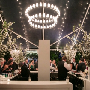Bar Decor at upscale wedding reception in new orleans had condensed floral arrangement of blooming white cherry branches in large display vases by kim starr wise wedding florist