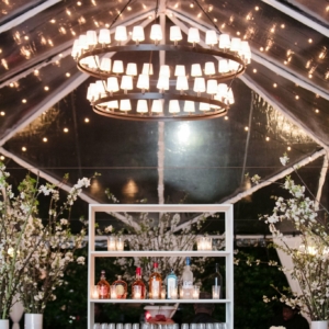 Bar Decor at upscale wedding reception in new orleans had condensed floral arrangement of blooming white cherry branches in large display vases by kim starr wise wedding florist