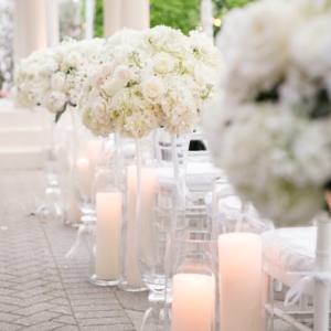 st charles avenue wedding new orleans louisiana elms mansion ceremony aisle decor of large, tall white and ivory floral arrangements with garden roses, white hydrangea, ivory majolica spray roses, white polo roses by kim starr wise wedding and event florist
