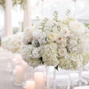 st charles avenue wedding new orleans louisiana elms mansion ceremony aisle decor of large, tall white and ivory floral arrangements with garden roses, white hydrangea, ivory majolica spray roses, white polo roses by kim starr wise wedding and event florist