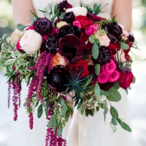 kim starr wise floral events wedding bridal bouquet wine burgundy red peach blush hot pink blue thistle amaryllis