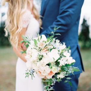 the first look at katie and patrick's mississippi gulf coast wedding in october bouquet of white, blush, pink, blue and ivory florals