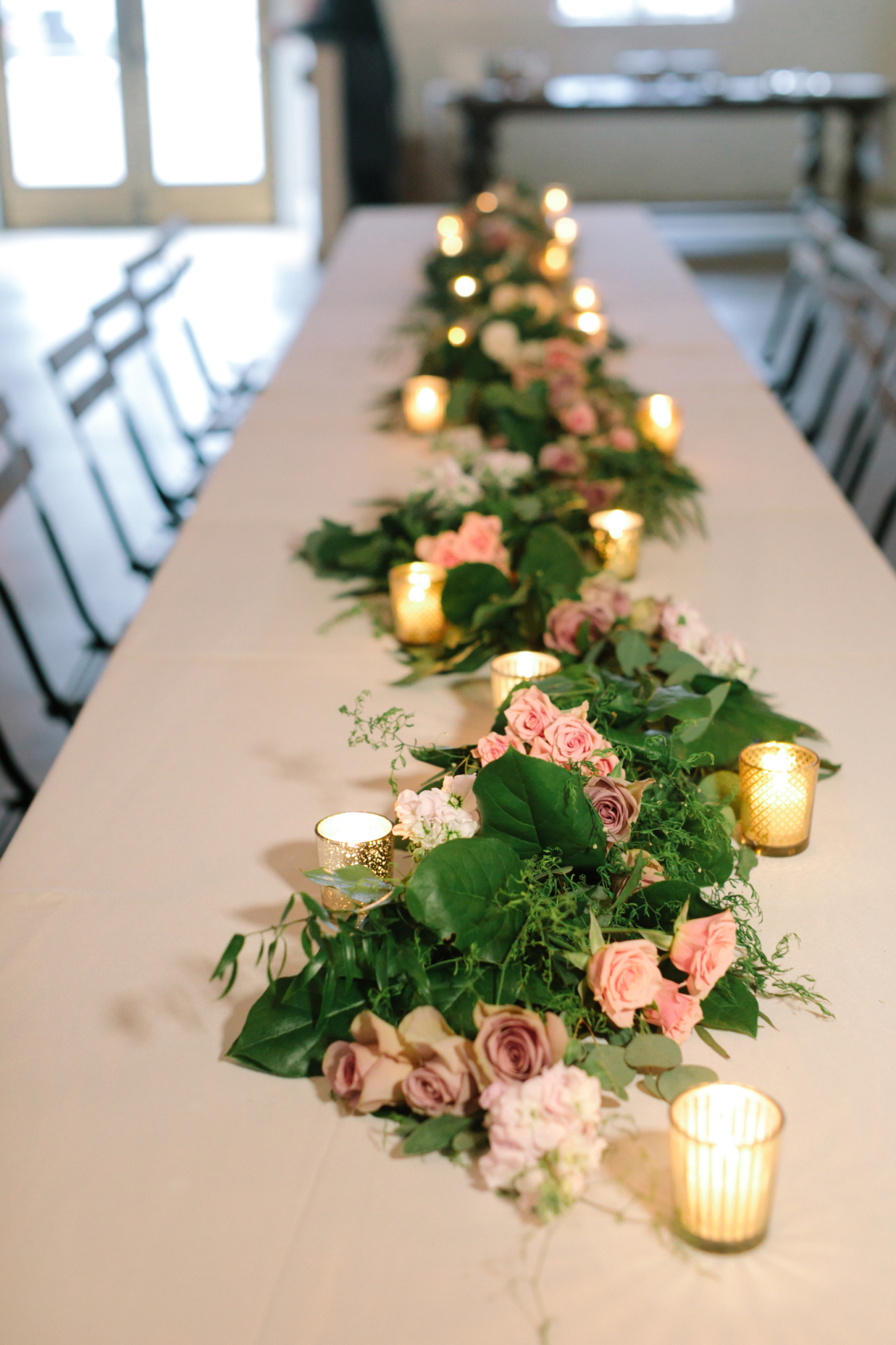 Table Runner with roses and votives